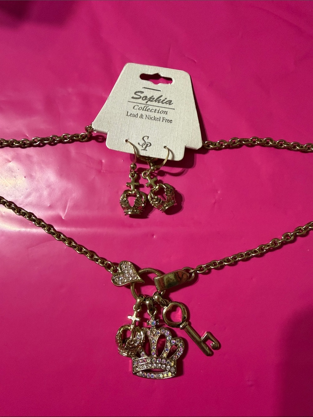 Sophia Collection Y2K Gold Crown Key Charm Necklace & Earring Set NWT